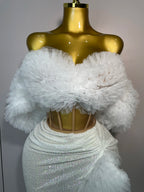 Feather Trim Two-Piece Set | Off-Shoulder Top & Slit Skirt | Stage