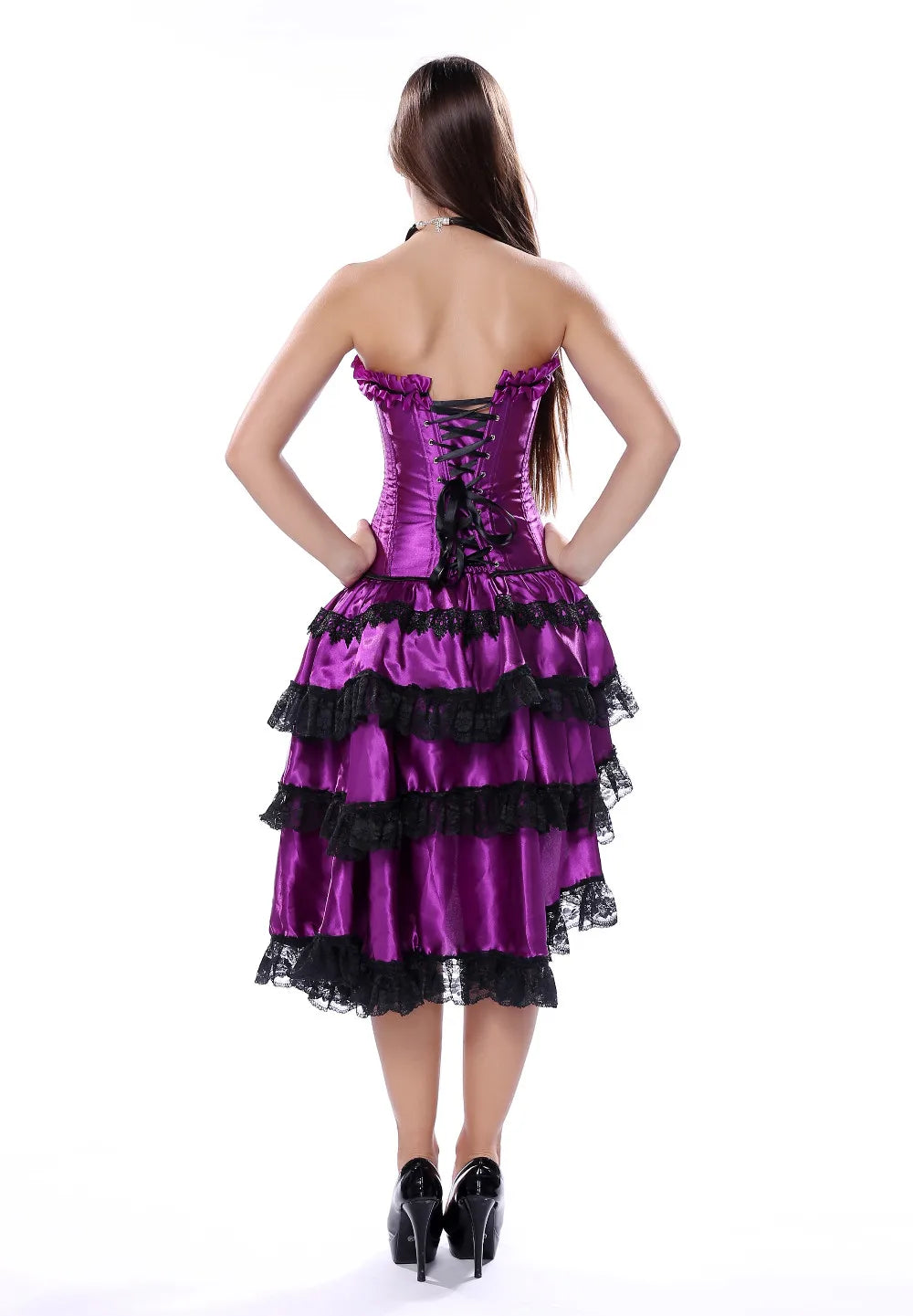 Purple Satin Corset Dress | Black Lace Ruffle Skirt | Plus Size