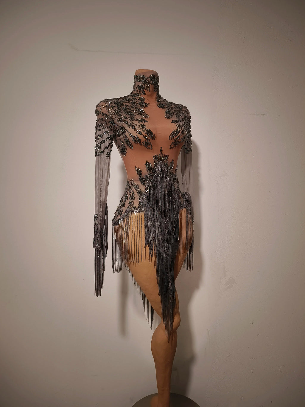 Rhinestone Tassel See-Through Stage Dress | S–XL