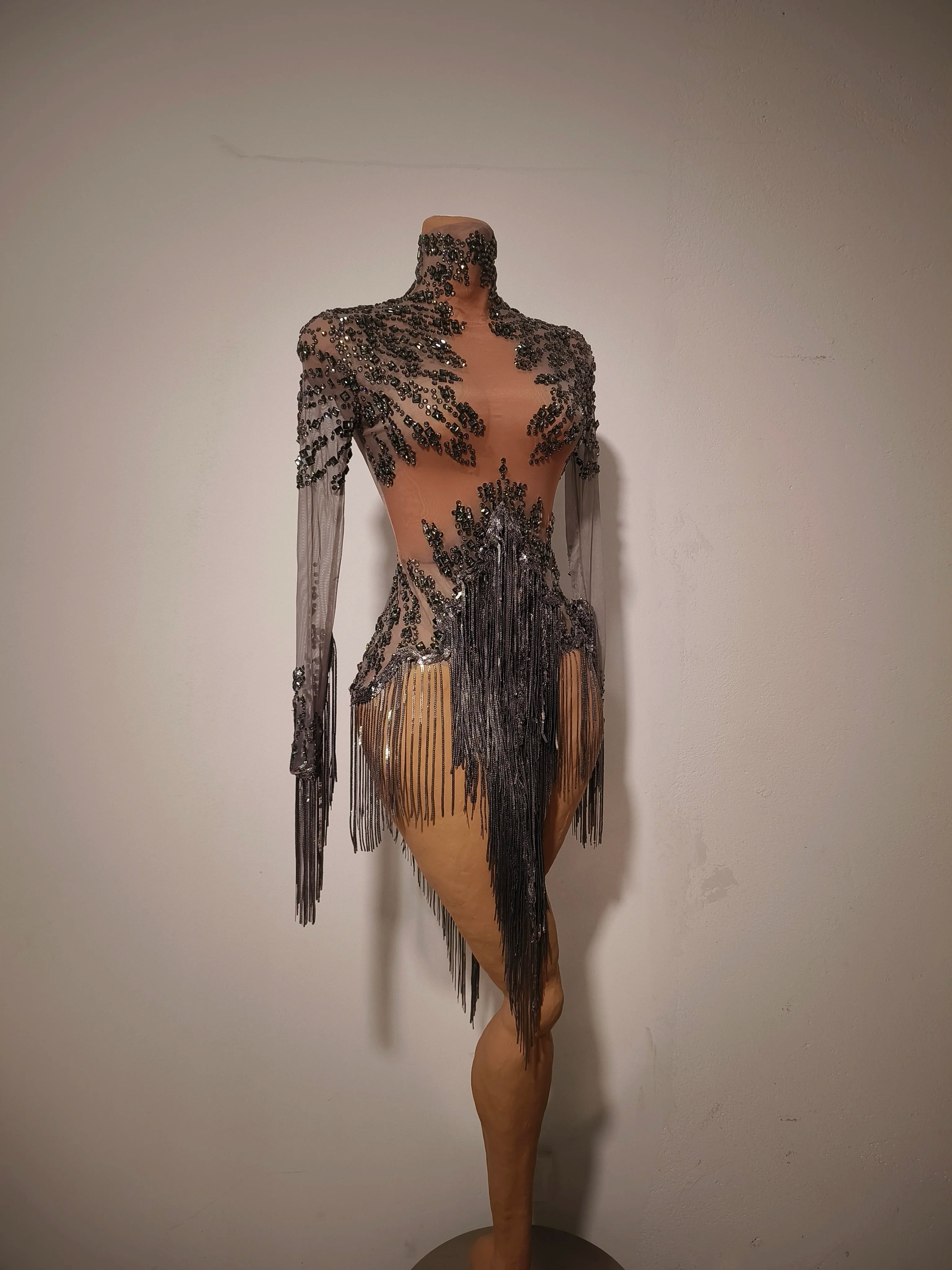 Rhinestone Tassel See-Through Stage Dress | S–XL
