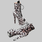 17CM Leopard Print Platform Ankle Boots - Open Toe 7 Inch High Heel Pole Dance Boots