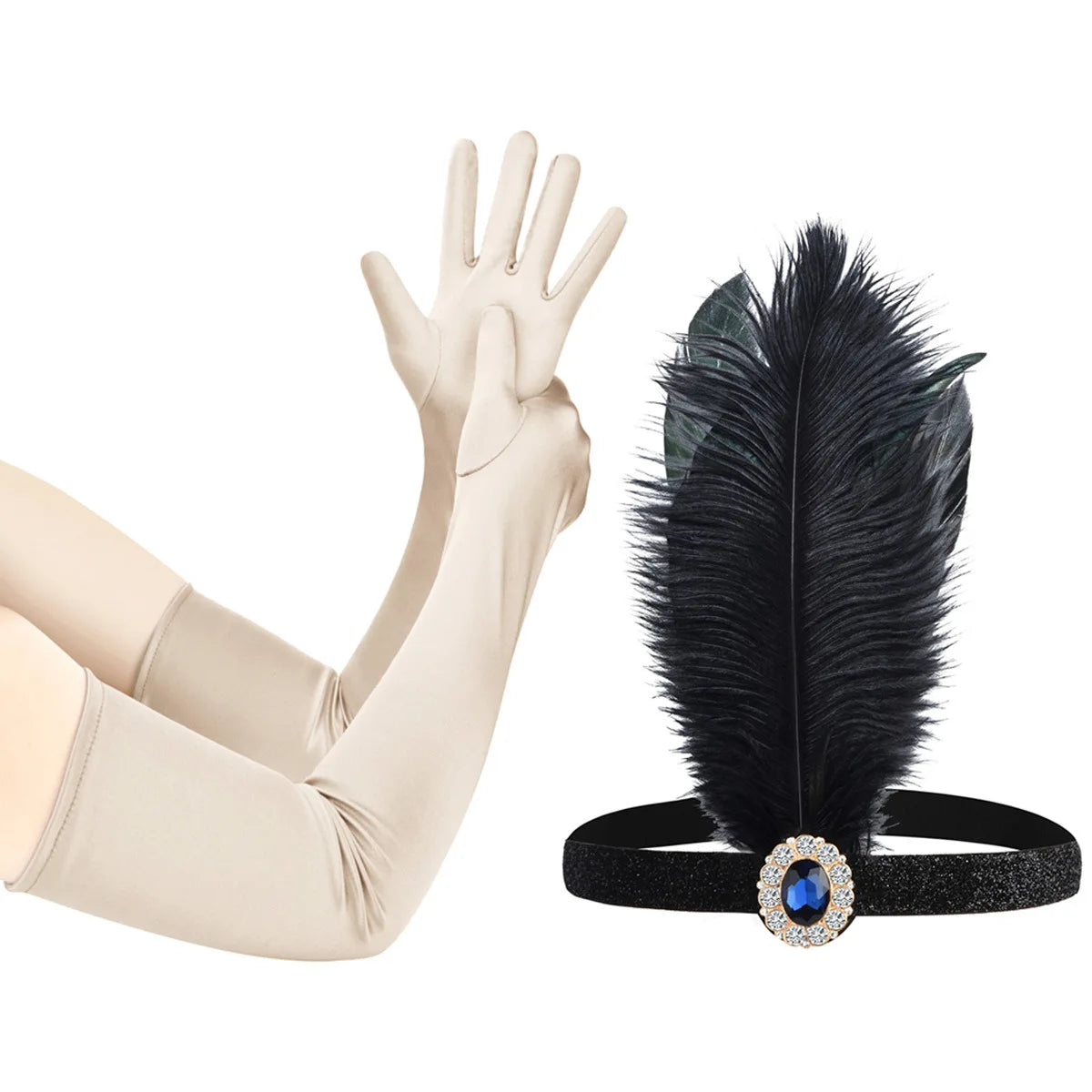 1920s Accessory Set | Feather Headband & Gloves