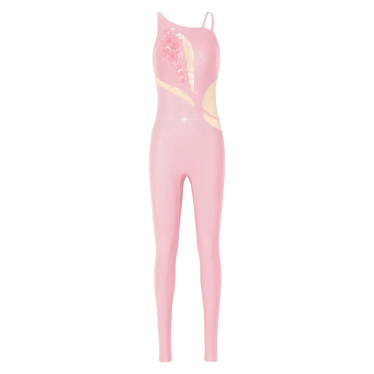 Women's Rhinestone Gymnastics Unitard | Mesh Patchwork & Asymmetric Shoulder | Performance Jumpsuit