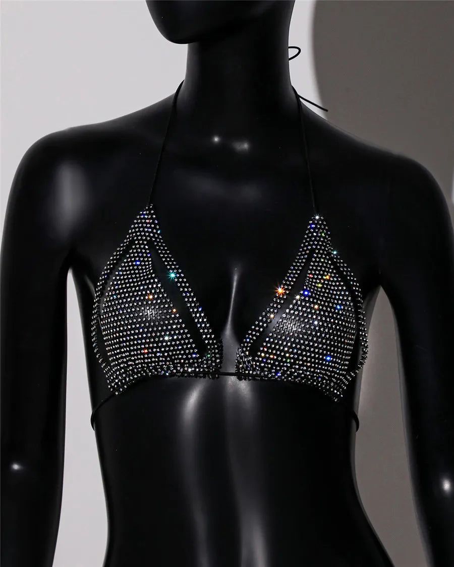 Rhinestone Fishnet Halter Bra Top - Backless Beach Bikini Top
