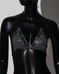 Rhinestone Fishnet Halter Bra Top - Backless Beach Bikini Top