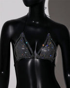 Rhinestone Fishnet Halter Bra Top - Backless Beach Bikini Top