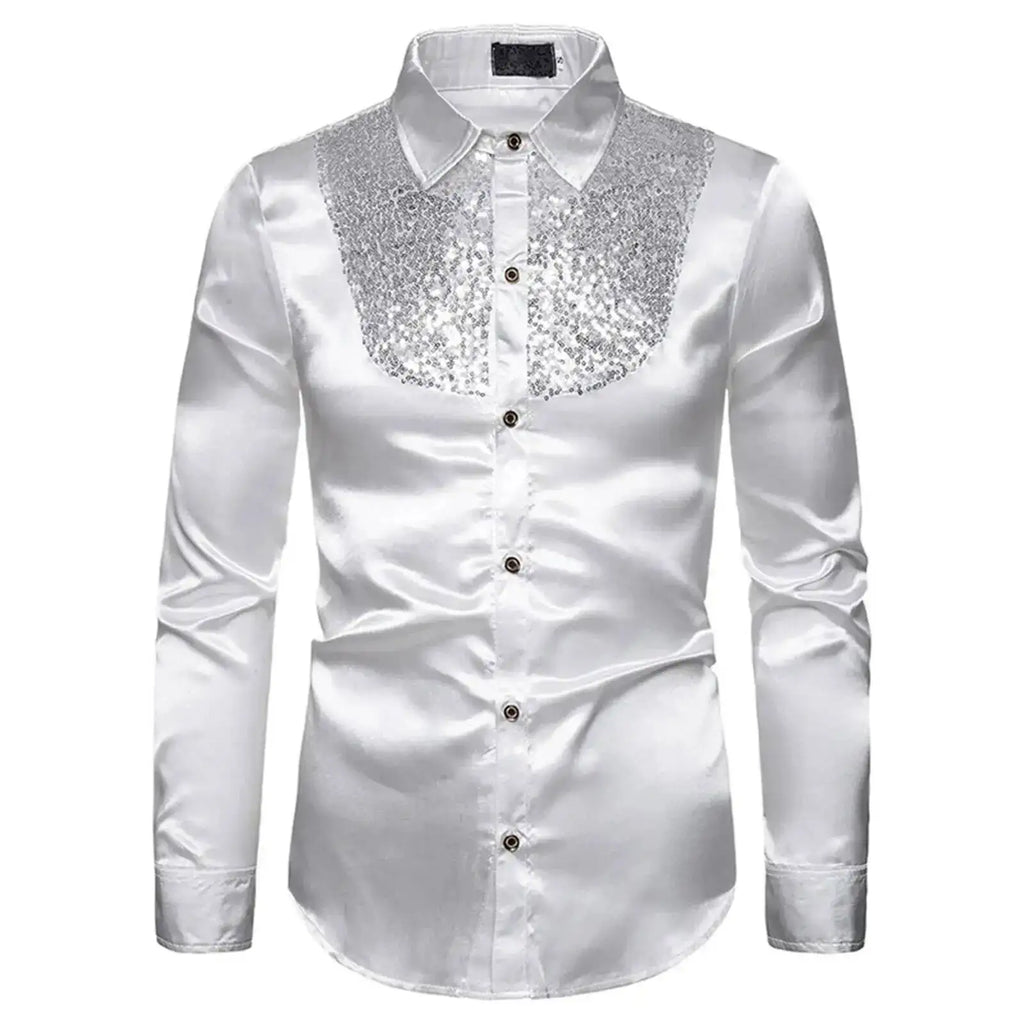 Men's Satin Sequin Shirt | Sequin Collar Panel | Stage