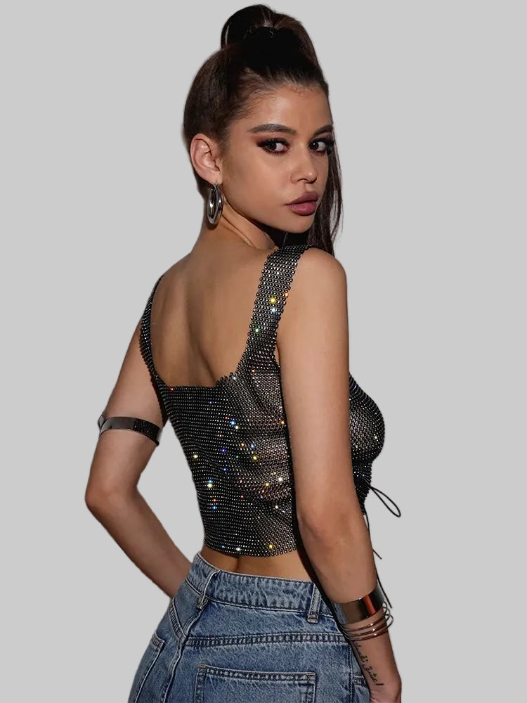 Rhinestone Mesh Fishnet Crop Top - Side Bandage Tank