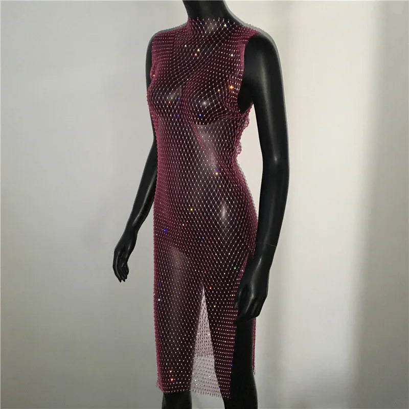Rhinestone Fishnet Mini Dress - Sheer Cover-Up Party Dress