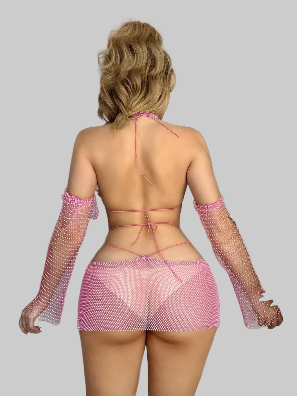 Pink Floral Rhinestone Two-Piece Festival Set - Mesh Skirt & Backless Top