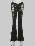 Faux Leather Flare Pants - Cross Bandage Hollow-Out Festival Pants