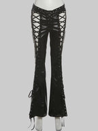 Faux Leather Flare Pants - Cross Bandage Hollow-Out Festival Pants