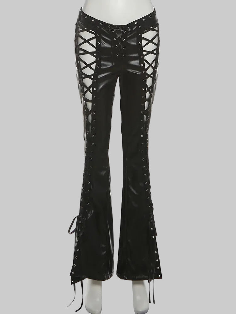 Faux Leather Flare Pants - Cross Bandage Hollow-Out Festival Pants