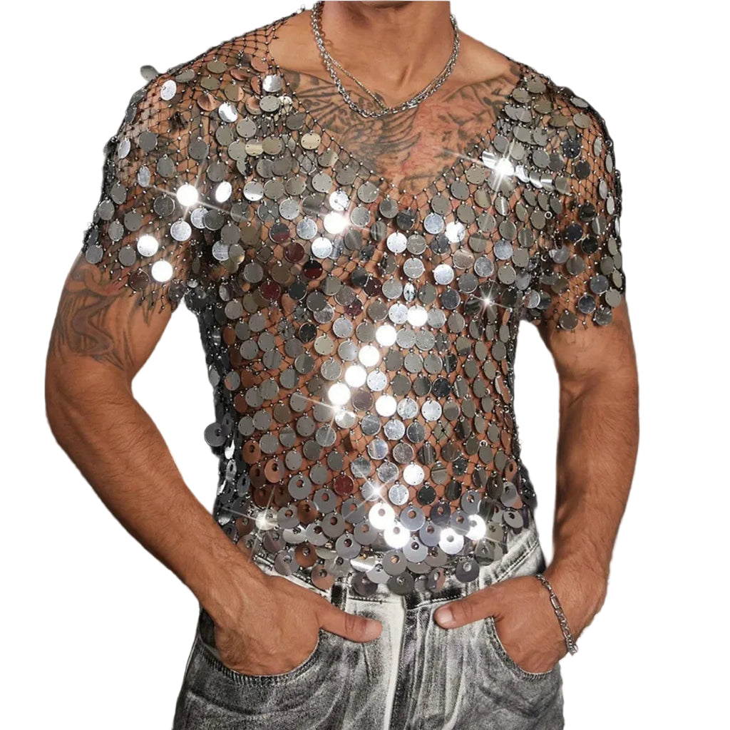 Men’s Sequin Mesh Top | Silver Discs