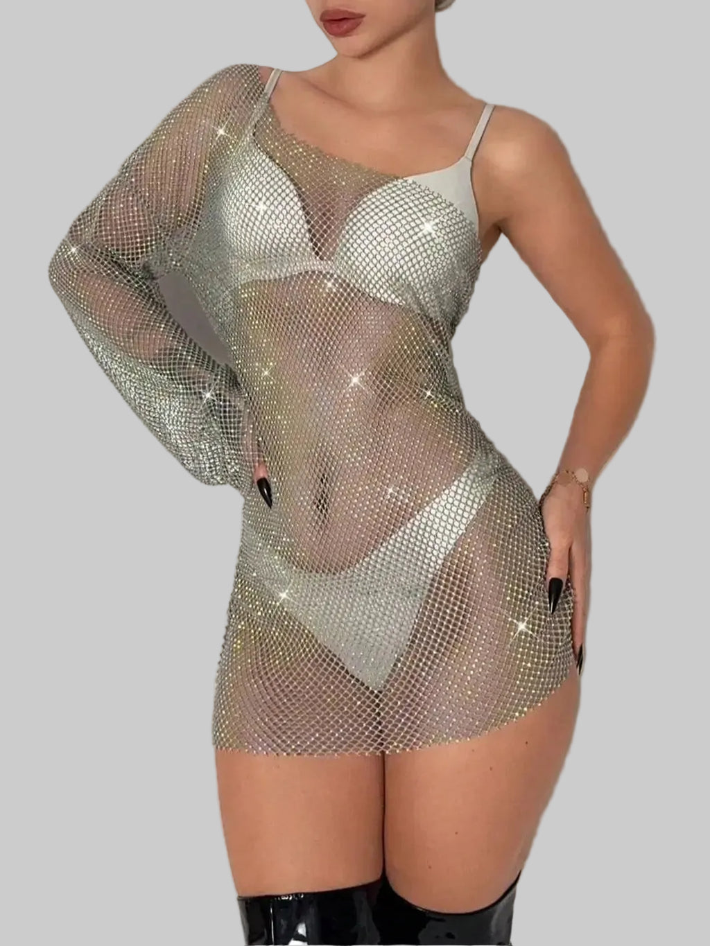 Rhinestone Fishnet Mini Dress - One Shoulder Mesh Cover Up