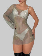 Rhinestone Fishnet Mini Dress - One Shoulder Mesh Cover Up