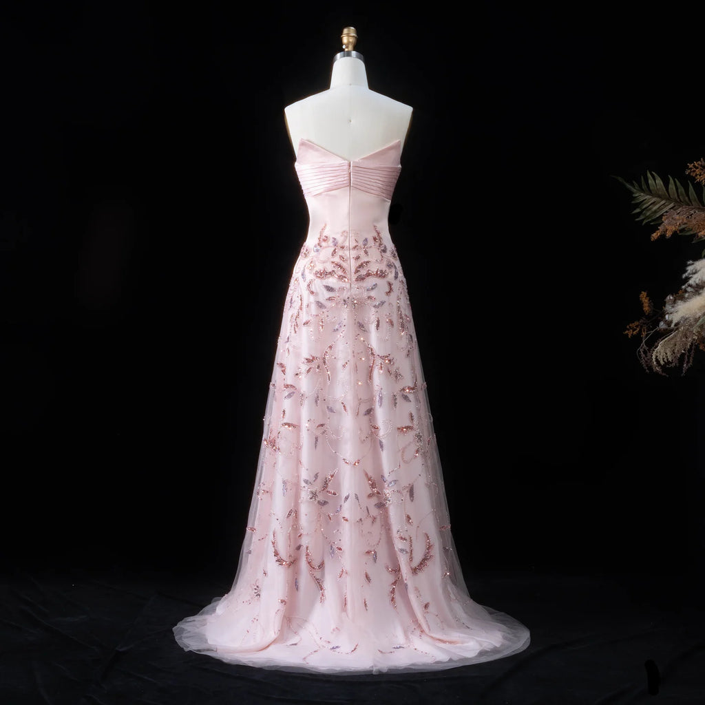 Beaded Sequin A-Line Gown | V-Neck Pleated Tulle | Blush Pink