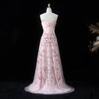 Beaded Sequin A-Line Gown | V-Neck Pleated Tulle | Blush Pink