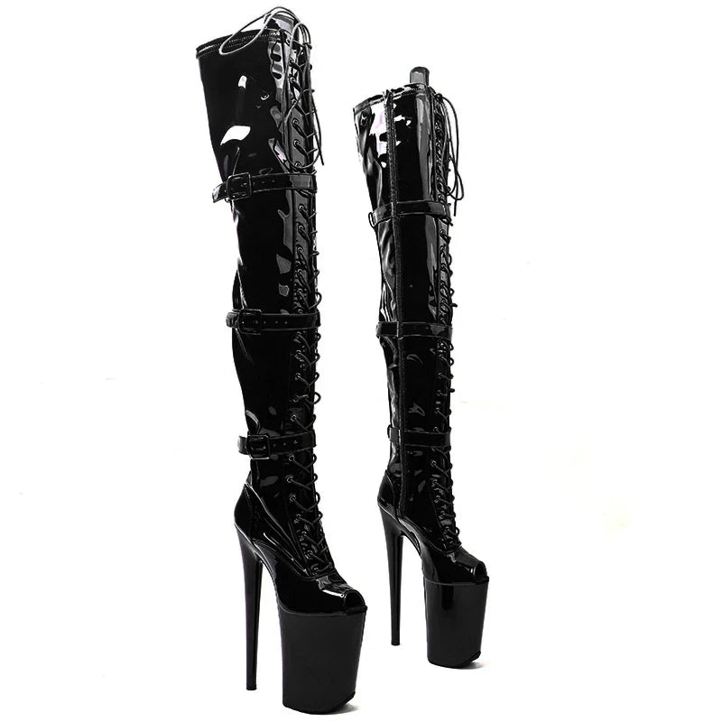 9-Inch Patent Platform Boots - Thigh-High Open Toe Dance Boots