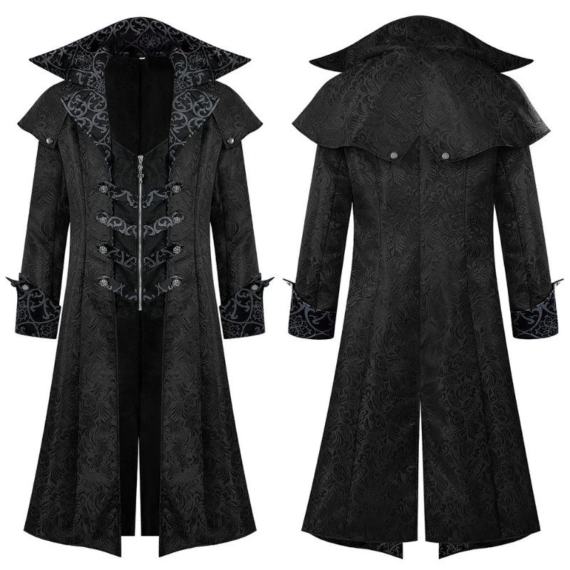 Jacquard Trench Coat | Gothic Medieval | Black & Maroon