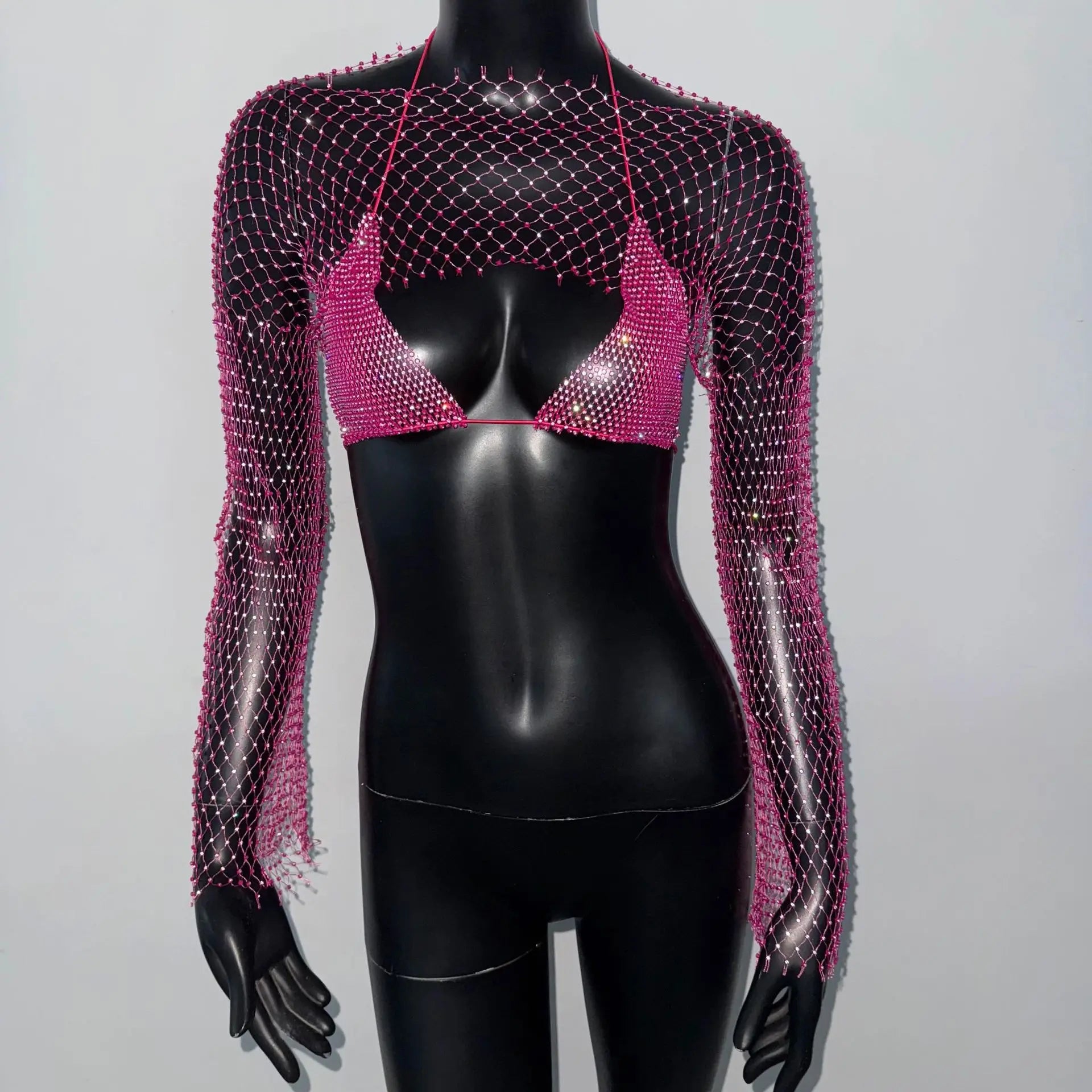 Rhinestone Fishnet Two-Piece Set - Sheer Long Sleeve Top & Bra Cover Up
