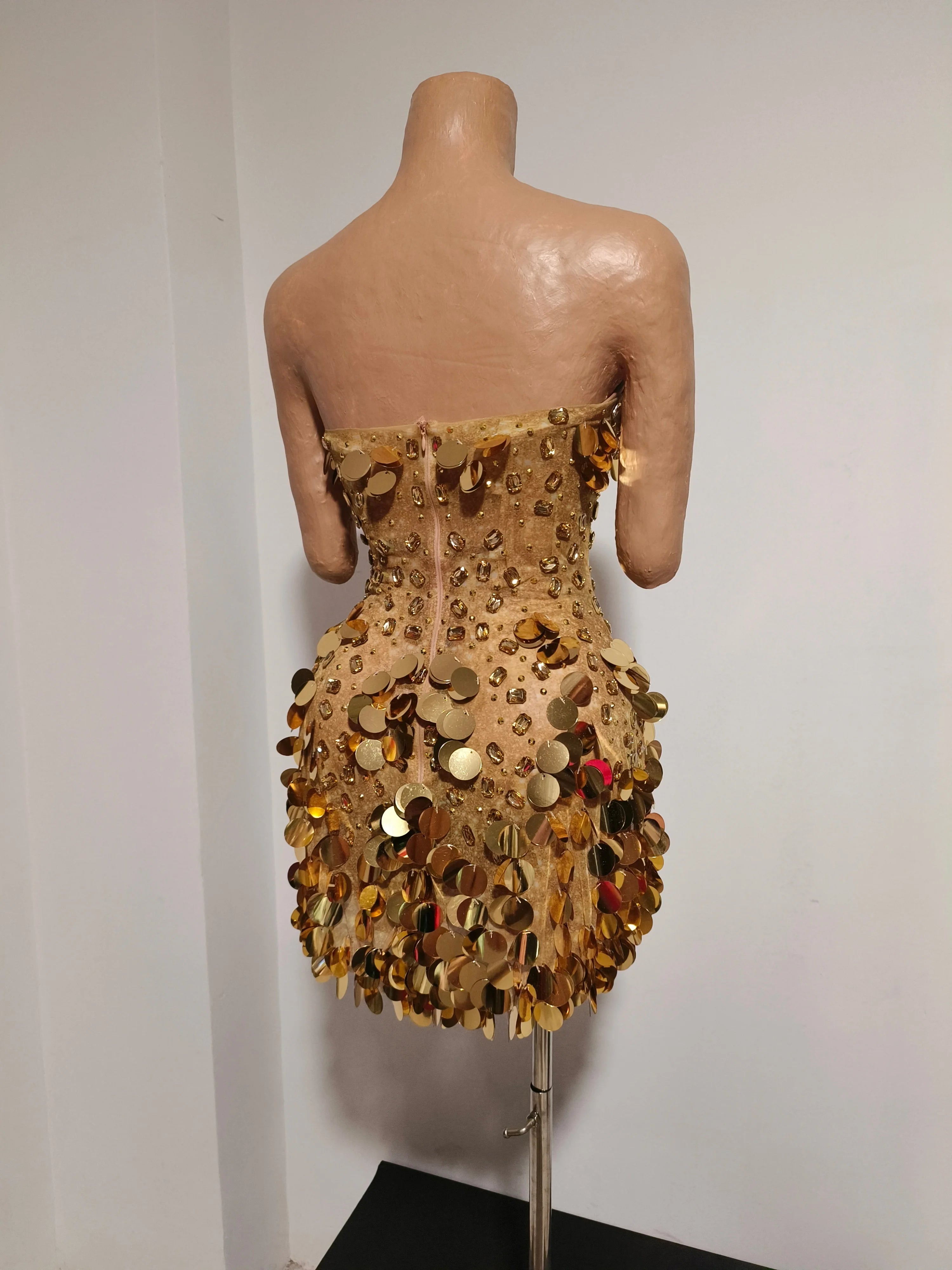 Coin Sequin & Rhinestone Mini Dress | Strapless | Gold & Silver