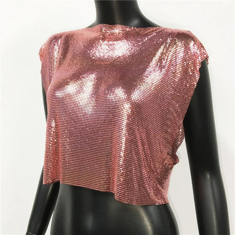 Metallic Sequin Patchwork Crop Top - Hollow-Out O-Neck