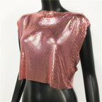 Metallic Sequin Patchwork Crop Top - Hollow-Out O-Neck