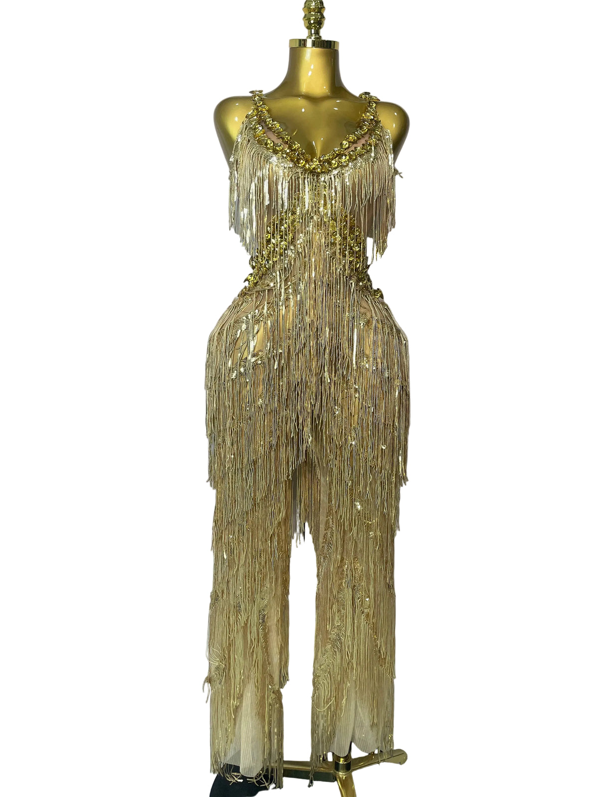 Gold Sequin Fringe Jumpsuit | Wide-Leg | Stage