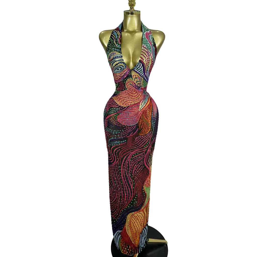 Colorful Rhinestone Halter Maxi Dress | Deep V | Backless
