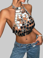 Acrylic Sequin Tassel Halter Crop Top - Handmade Backless Tank