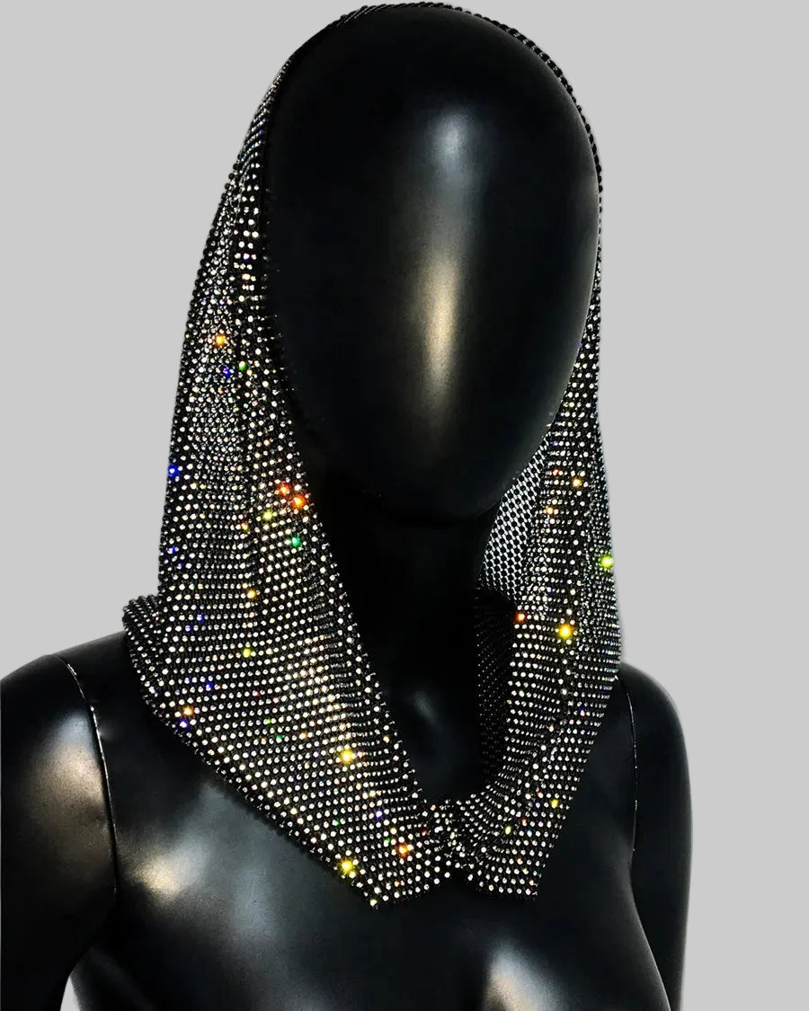 Rhinestone Mesh Hood - Sheer Fishnet Performance Headpiece