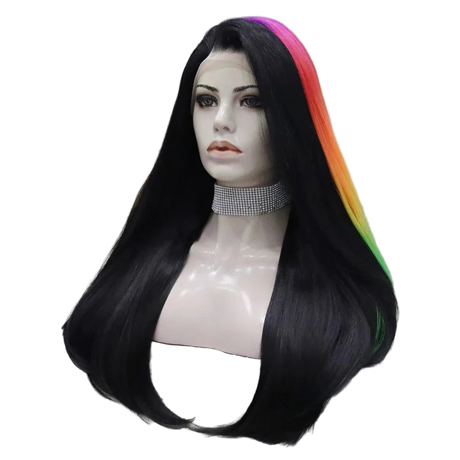 24" Jet Black Straight Lace Front Wig – Colorful Highlights