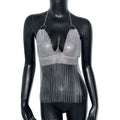 Rhinestone Mesh Metal Chain Tassel Halter Crop Top