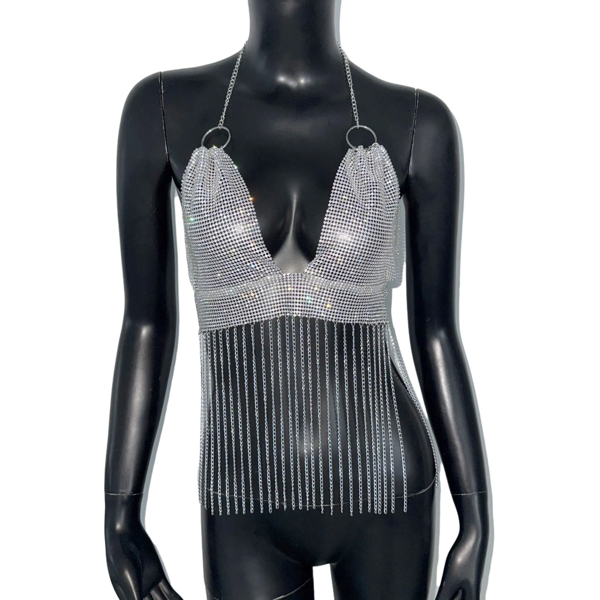 Rhinestone Mesh Metal Chain Tassel Halter Crop Top