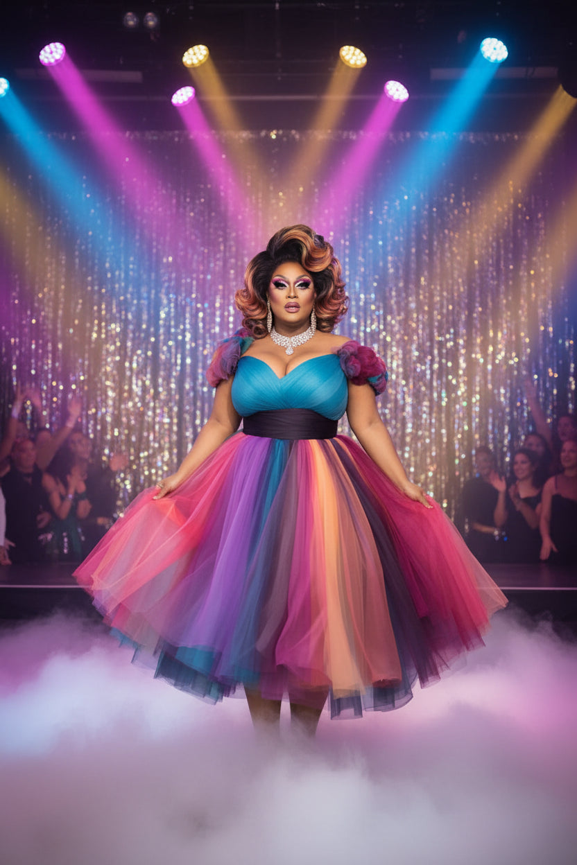 Rainbow Ombre Ruffle Pageant Gown | Off-Shoulder | Drag Queen