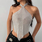 Metallic Sequin Off-Shoulder Halter Top