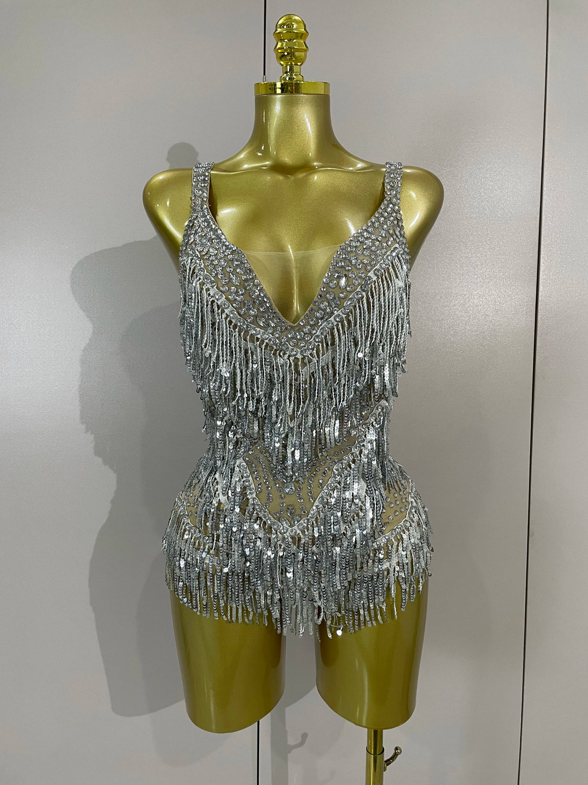 Rhinestone Sequin Tassel Bodysuit | Red & Silver | S–XL