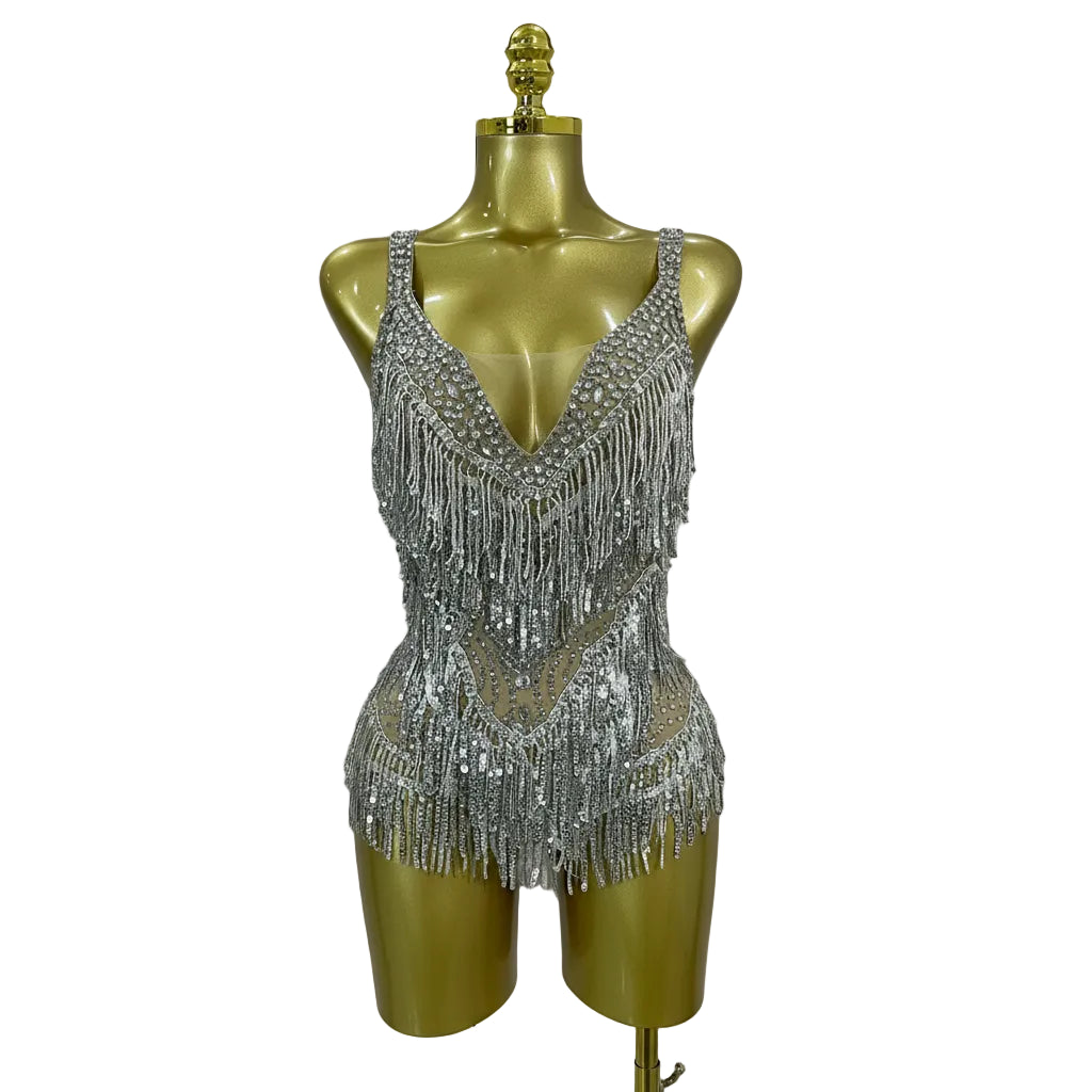 Luxury Rhinestone Sequin Tassel Bodysuit | Silver & Red | S–XL
