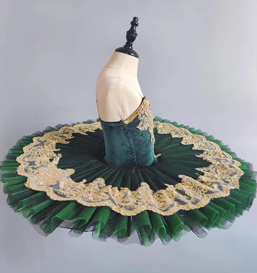Professional Pancake Ballet Tutu | Gold Lace | Green & Purple