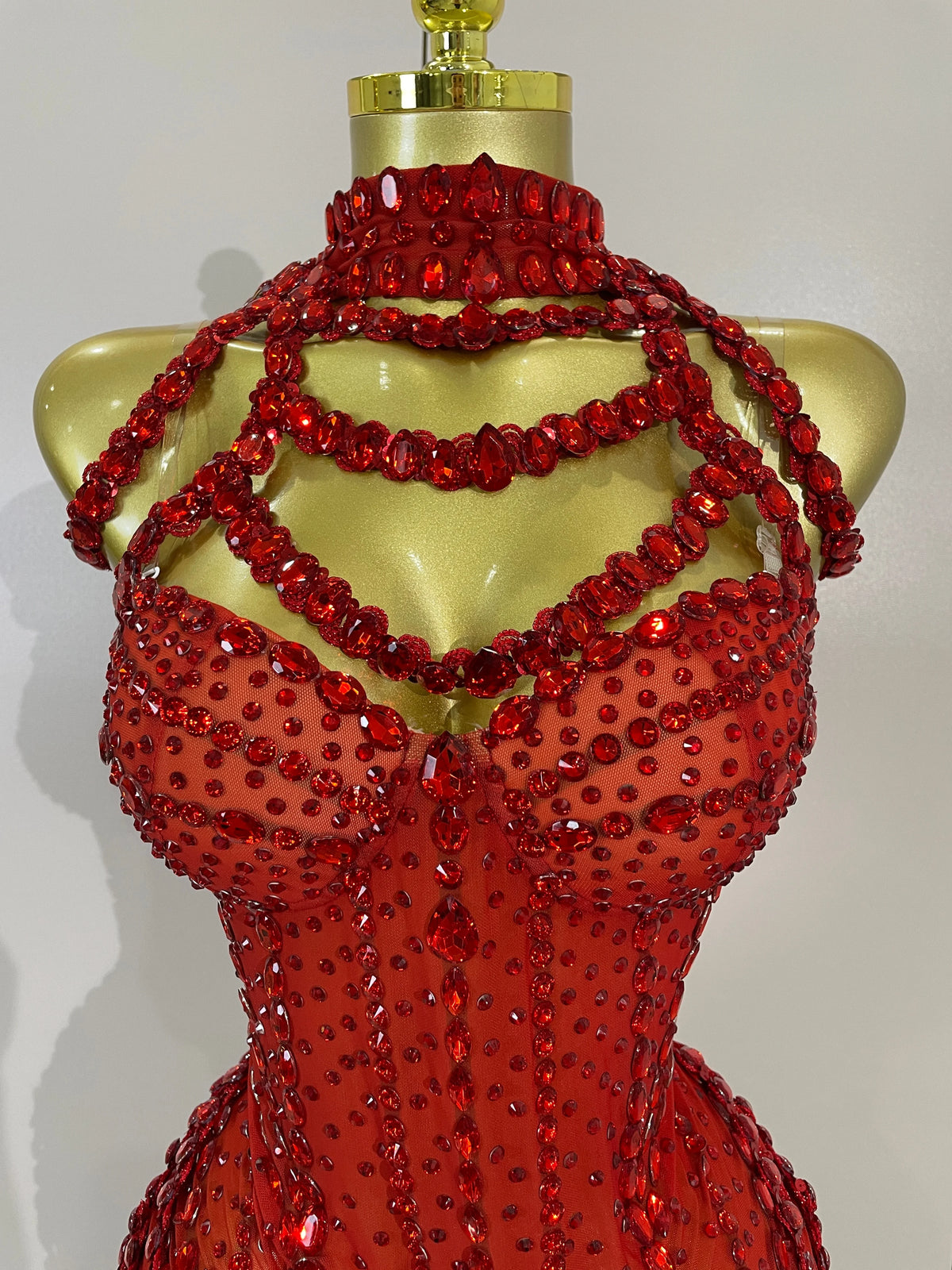 Rhinestone Harness Bodysuit | Garter Straps | Red