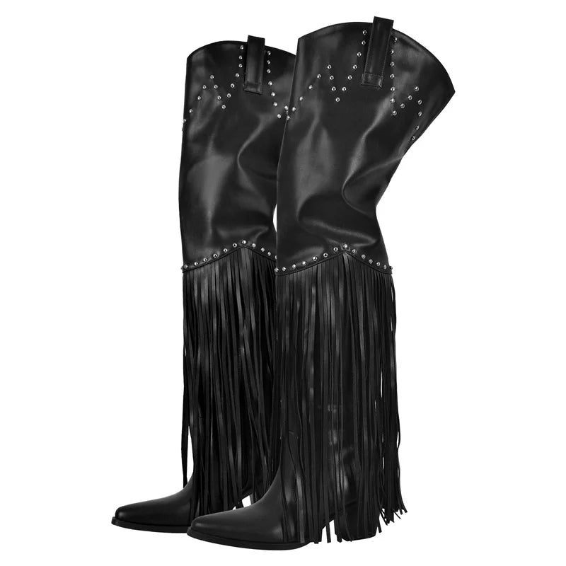 Thigh-High Fringe Boots | Chunky Heel | Pointed Toe
