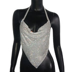 Rhinestone Mesh Halter Crop Top - Shiny Metal Hollow-Out Backless Tank for Stage & Festival