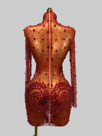 See Through Mesh Rhinestone Mini Dress