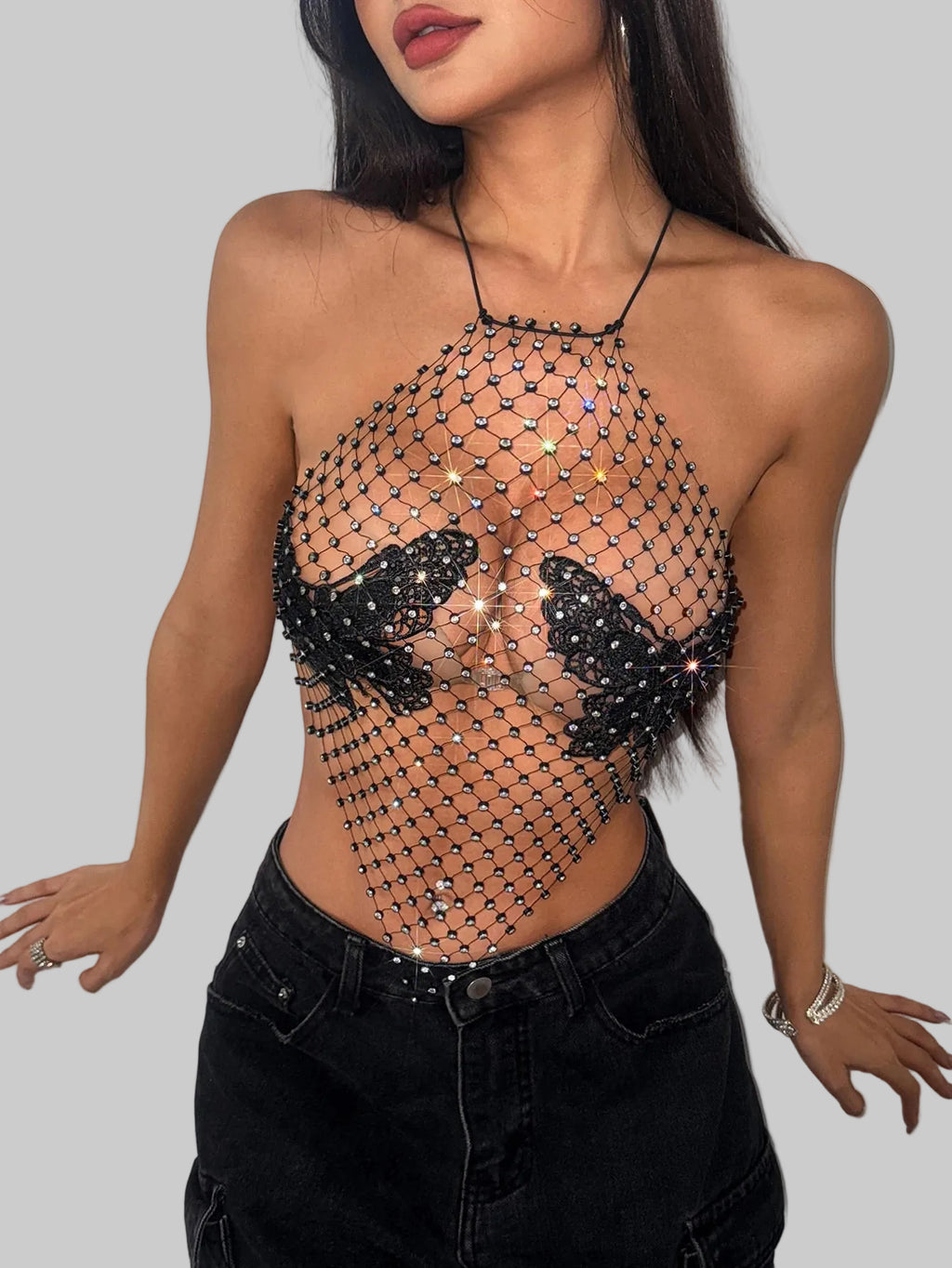 Rhinestone Butterfly Fishnet Crop Top - Sheer Halter