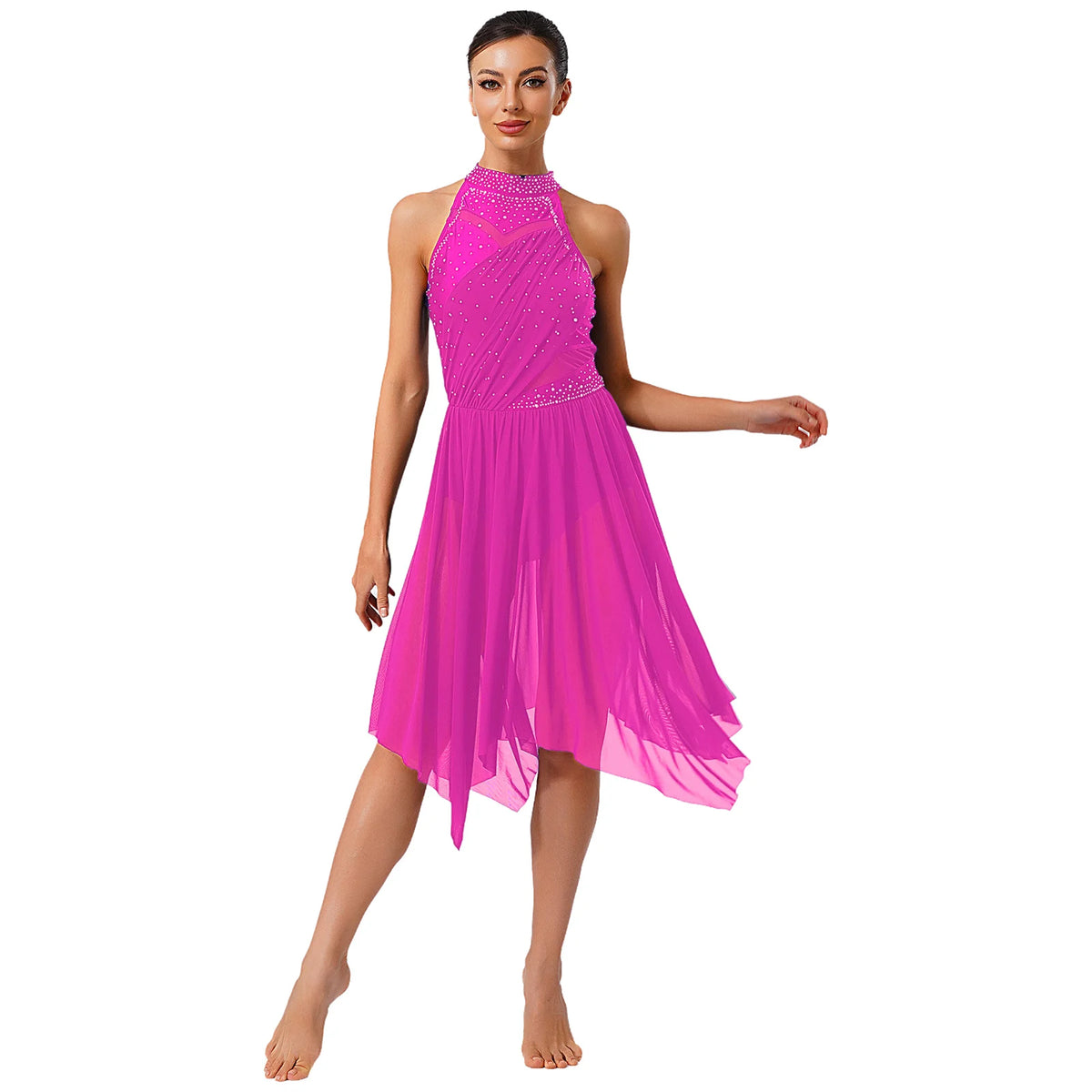 Women's Rhinestone Halter Lyrical Dance Dress | Irregular Mesh Ruffle Hem | Competition & Performance