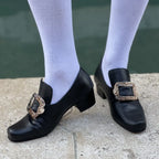 Victorian Buckle Court Shoe | Block Heel | Black, Beige, Grey & Blue
