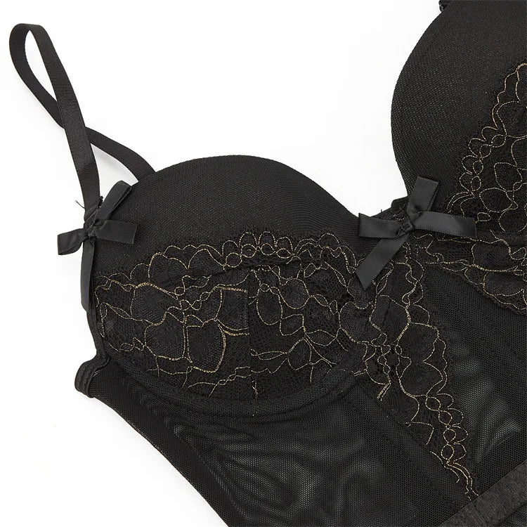 Satin & Mesh Overbust Corset | Underwire | Garter Straps | Burlesque