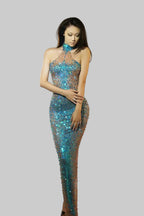 Rhinestone Evening Dress - Sheer Bodycon Maxi Gown with Diamond Embellishments