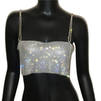 Sequin Crystal Chain Halter Tank Top - Festival & Stage Wear